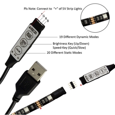 Striscia LED nera da 1m femminile con alimentazione 5v e controller USB a 3 chiavi